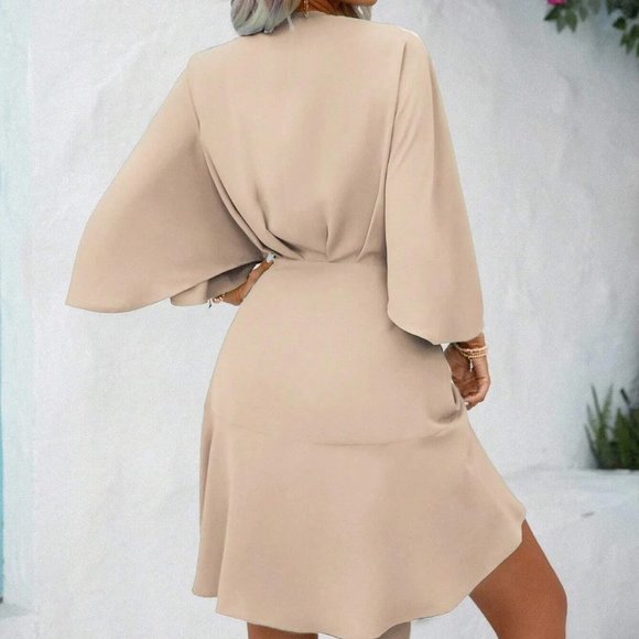 Apricot Boho Womens Batwing Sleeve Ruffle Hem Wrap Knot Side Dress - Picture 2 of 5